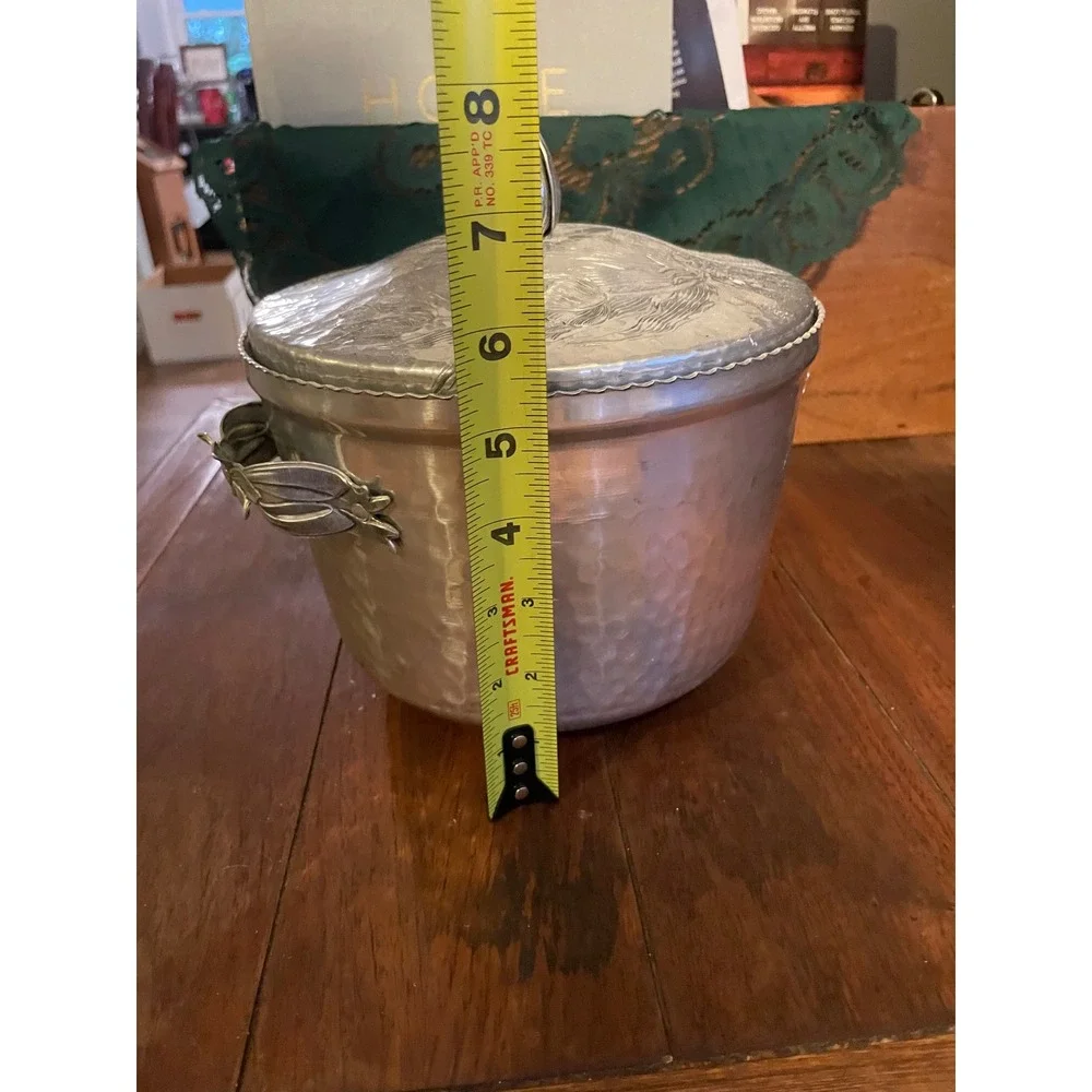 Antique Hammered Aluminum Ice Bucket Floral Tulip Lid Finial Mid Century Modern